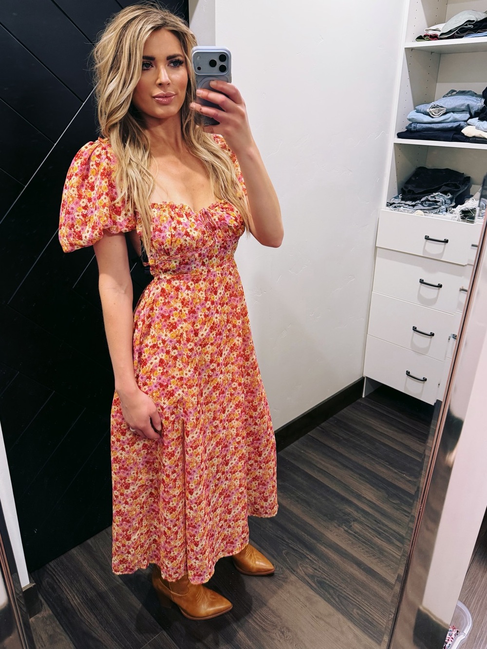 For Love & Lemons Pink Floral Puff-Sleeve Midi Dress - Picture 3 of 6